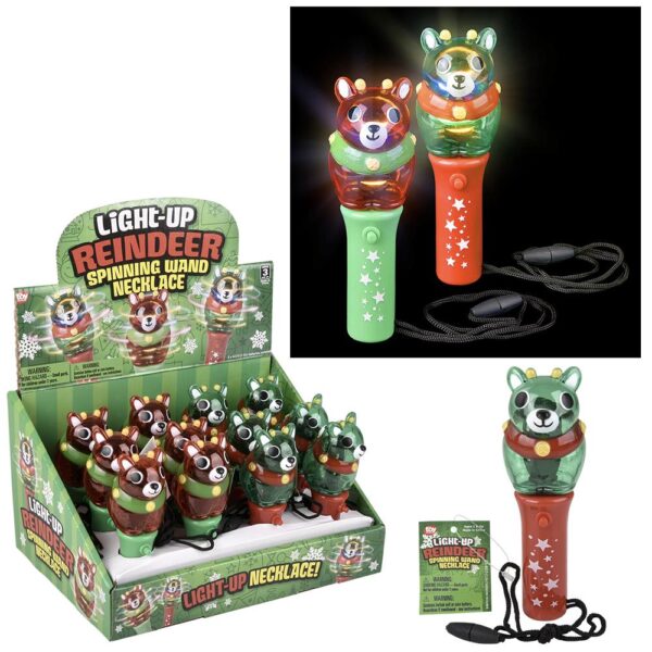 LIGHT UP XMAS REINDEER MINI SPINNG WAND NECKLACE 4.75"
